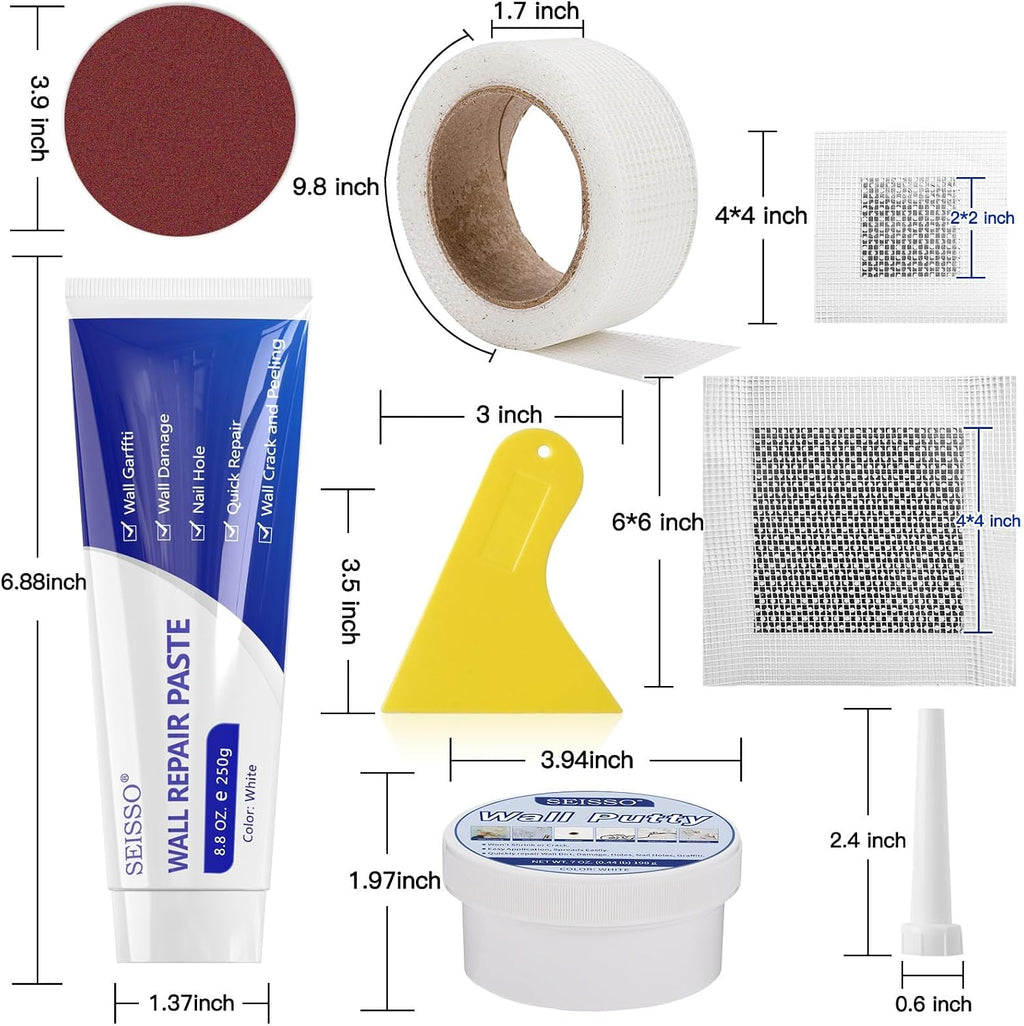 Drywall Repair Kit, White- Wall Mending Agent 250 g* 2, Wall Repair Paste Plaster, 1 Pack Wall Putty, Repair Tape and