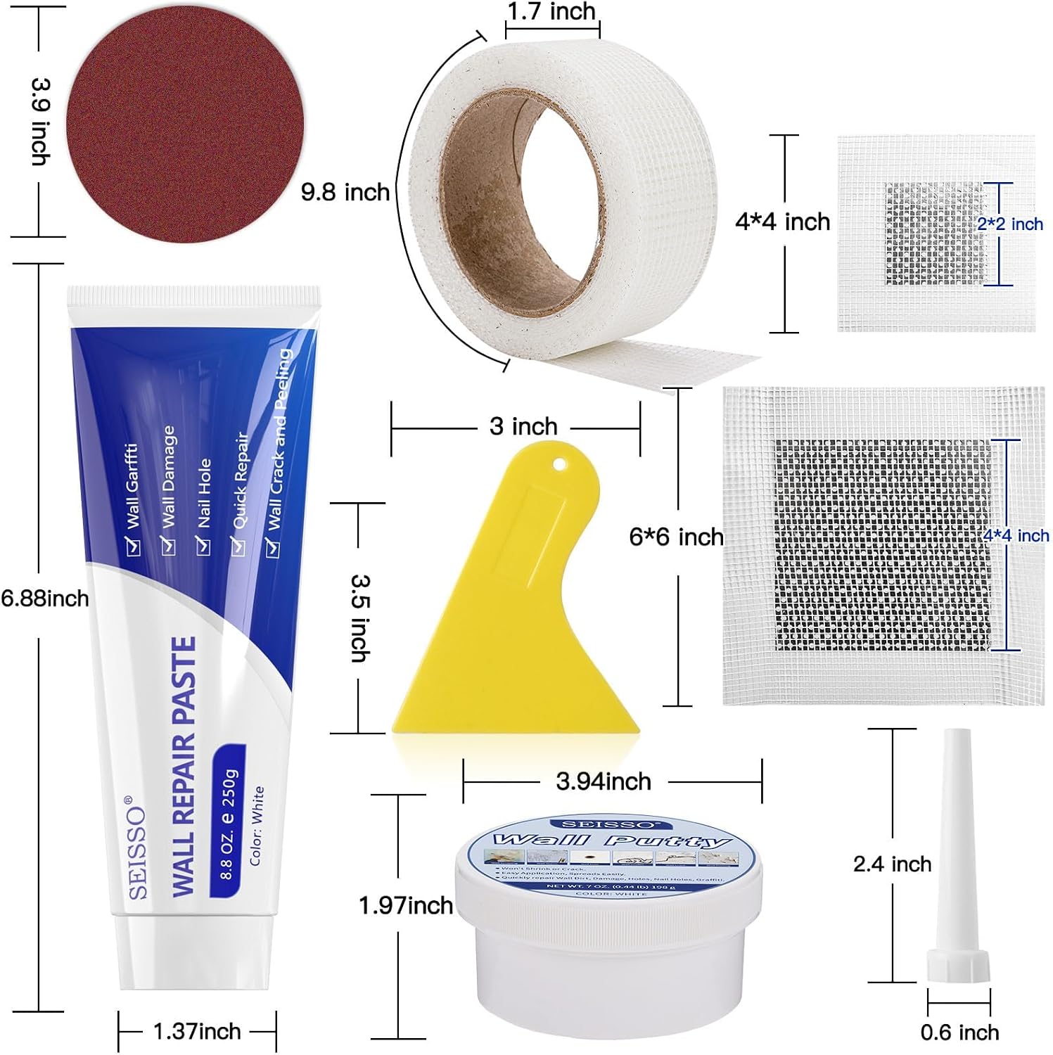 Drywall Repair Kit, White- Wall Mending Agent 250 g* 2, Wall Repair Paste Plaster, 1 Pack Wall Putty, Repair Tape and