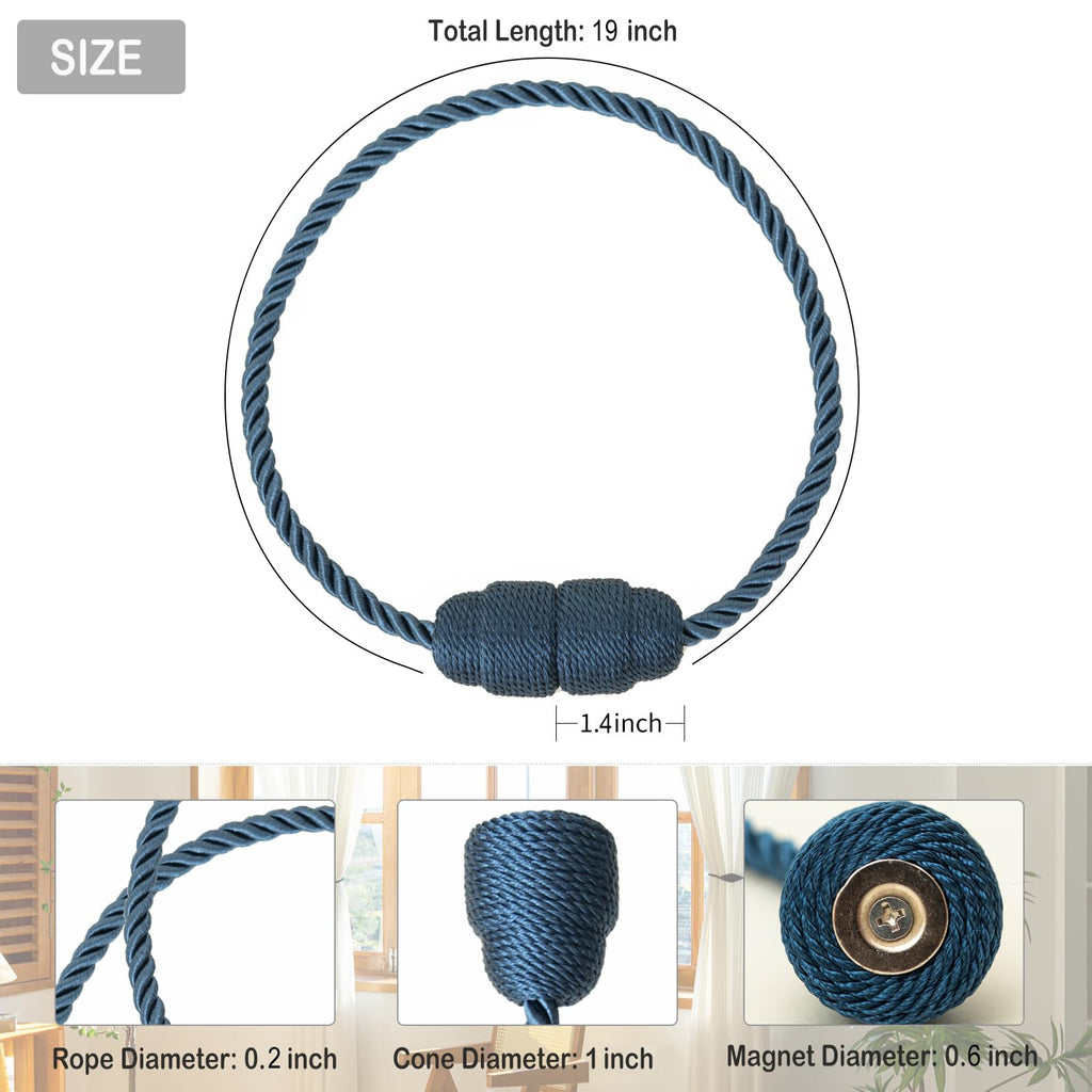 Magnetic Curtain Tiebacks - Rope Tiebacks for Curtains & Drapes, Decorative Window Holdbacks (2 Pack, Blue)
