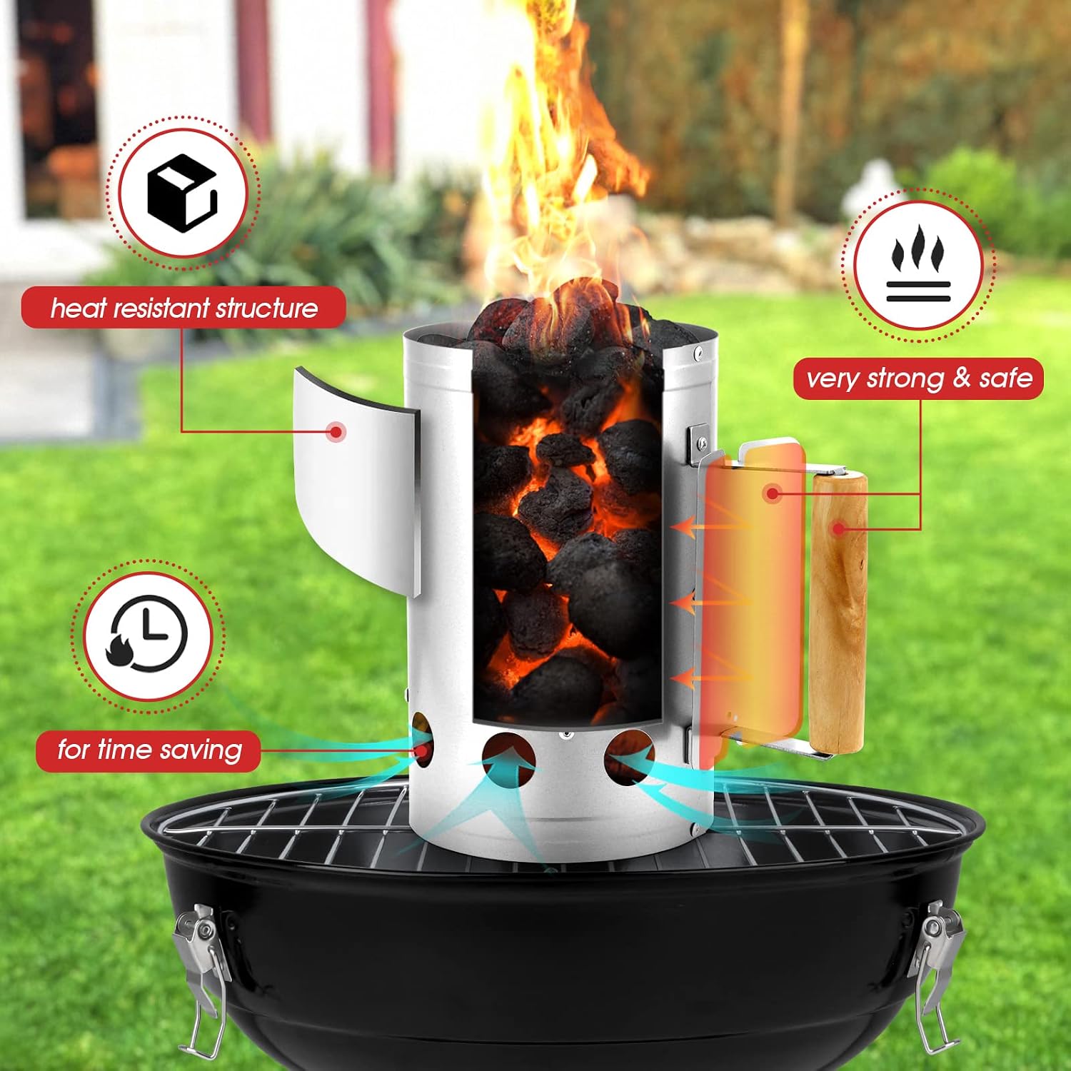 Charcoal Chimney, 10.6x6.7 Inch Heavy Duty BBQ Chimney Starter for Outdoor Grilling Barbecue Camping, Quick Rapid Fir