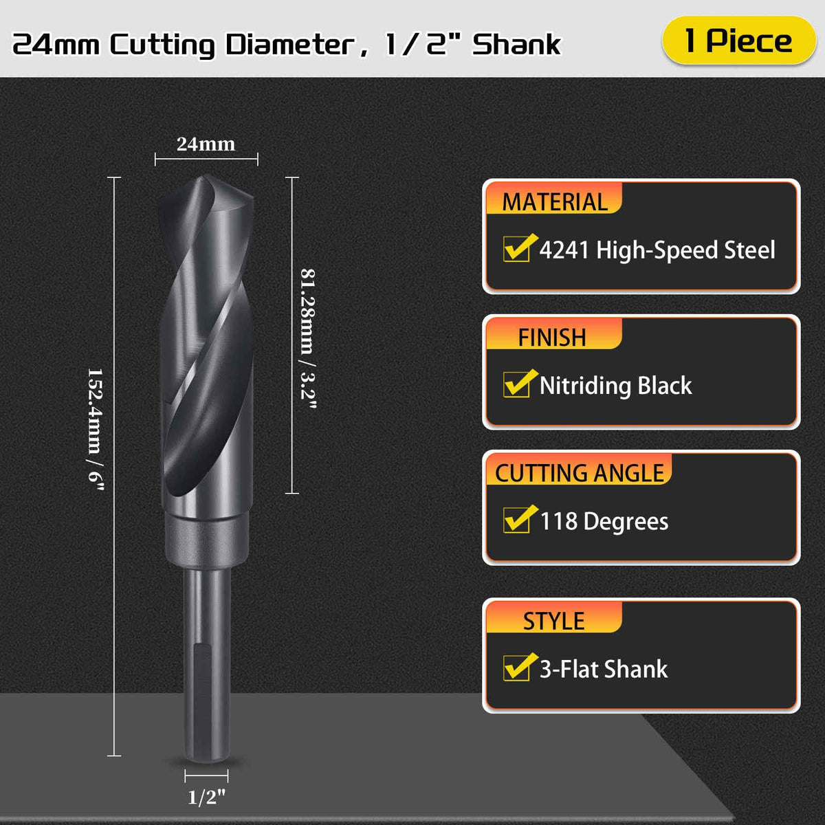 CoCud Drill Bit 24mm Diameter 1/2" Shank 3-Flat 4341 HSS