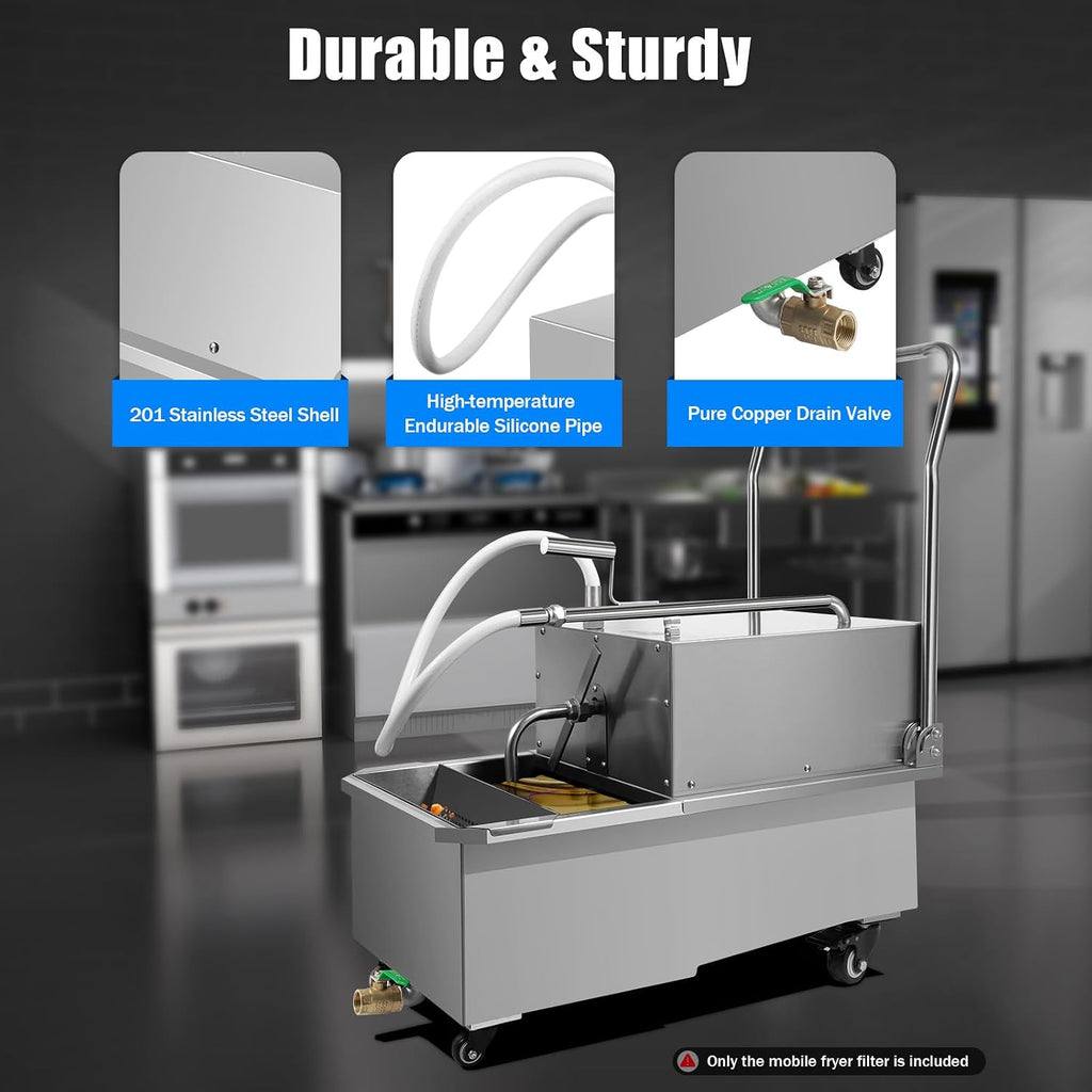 55L/14.5Gal Mobile Fryer Filter, 550W Commercial Fryer Filter Machine Cart, Stainless Steel Oil Filter Machine