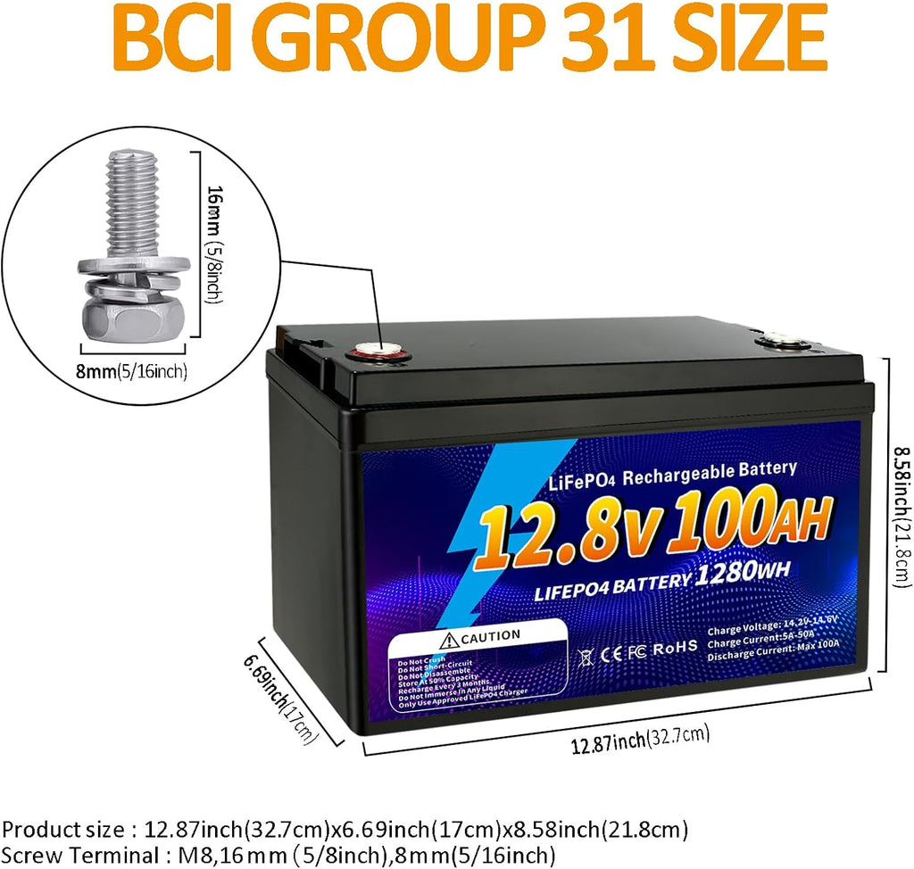 12V 100Ah LiFePO4 Battery, Group 31 Lithium Iron Phosphate Battery, 100A BMS Low-temp Protection 15000 Deep Cycles