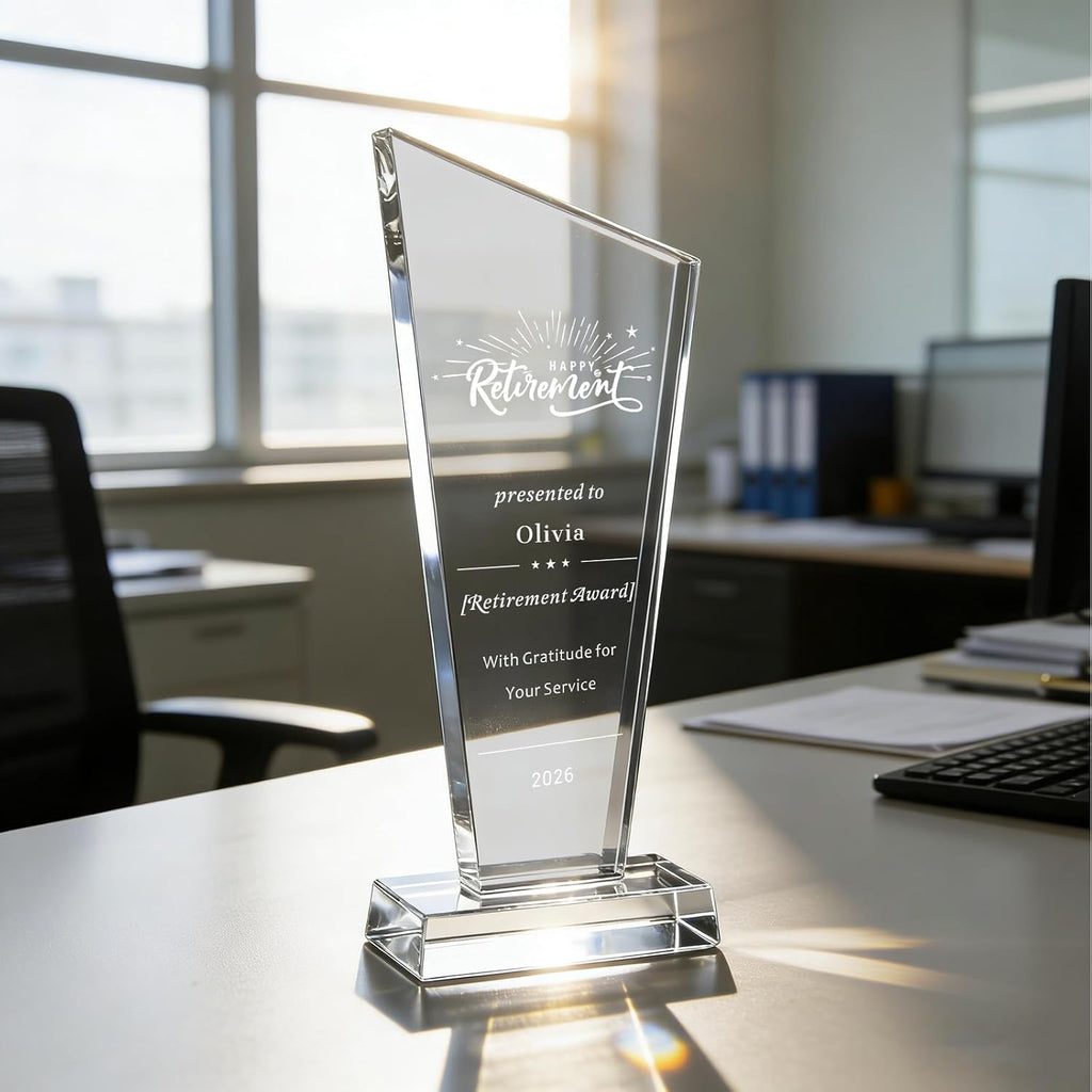 Ship Next Day, Custom Crystal Trophy - Personalized K9 Crystal Trophy with Company Logo & Text Employee Name
