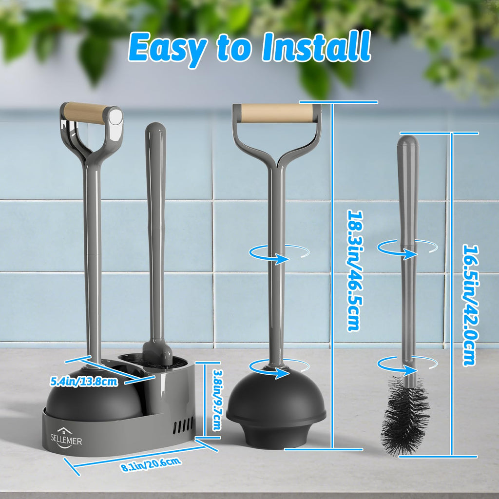 Toilet Brush and Plunger Set, Curved Head Deep Clean, Grey 2 Pack