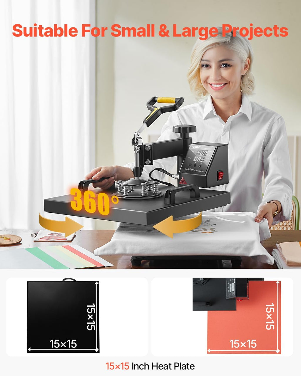 2 in 1 Heat Press Machine for T Shirts and Hats, 15x15 Inch Professional Swing Away Digital Tshirt Press Machine for