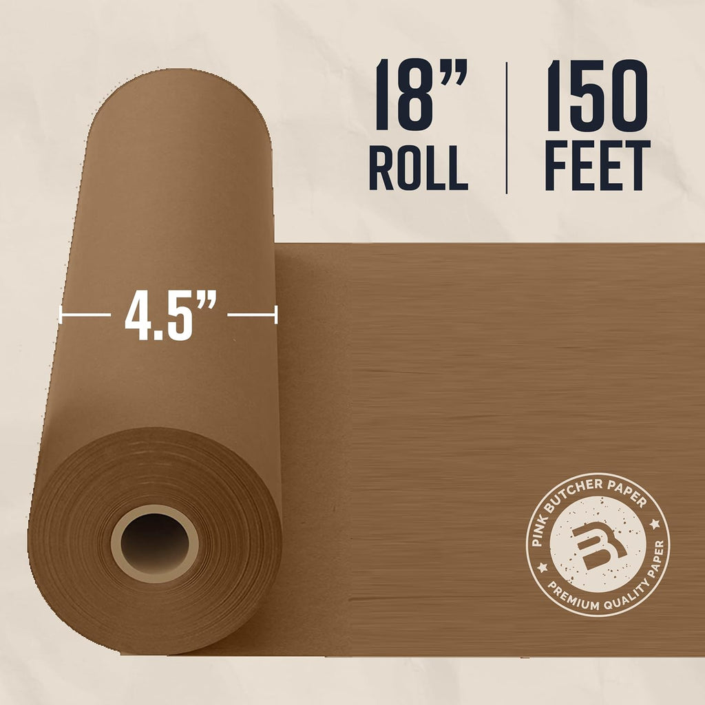 Brown Kraft Butcher Paper Roll - 18 Inch x 150 Feet - USA Made - Food-Grade Paper for Wrapping and Smoking Meat, BBQ