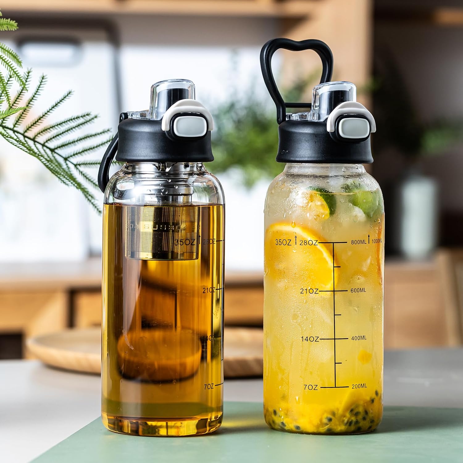 35oz Glass Water Bottles with Time Marker & Straw, BPA-Free Leakproof Glass Drinking Bottles with Protective Sleeve &