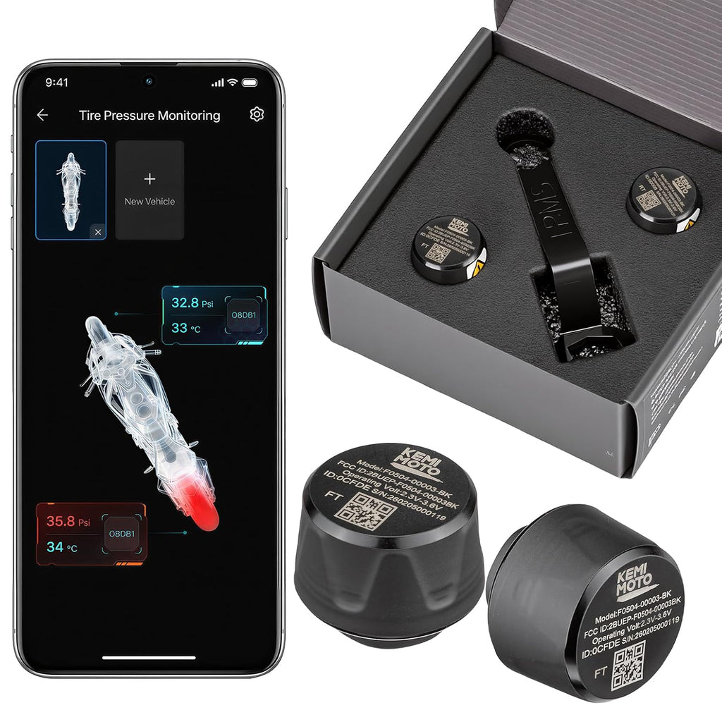 Motorcycle TPMS 2-Pack, Tire Monitor Sensor - Wireless 5.2 Stable | IP67 Waterproof Dustproof, Long Battery Life