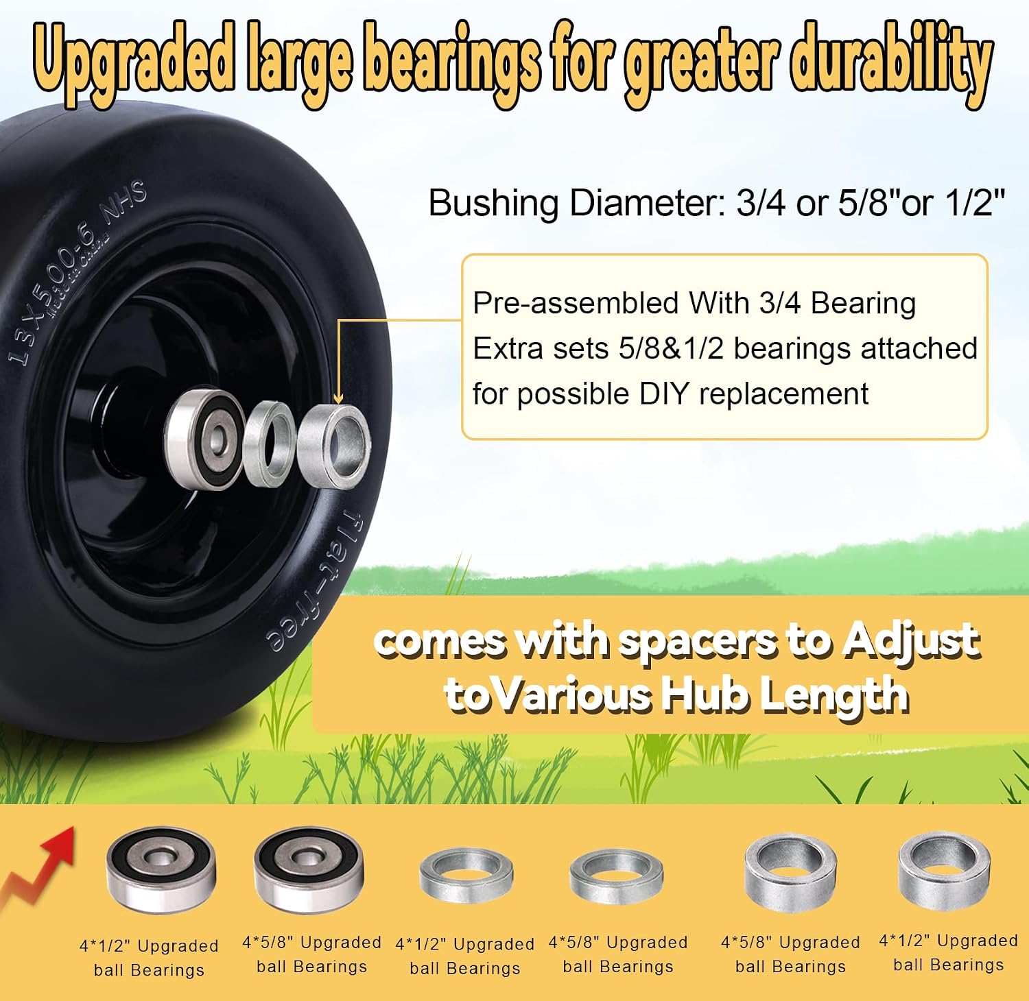 2-Pack 13x5.00-6 Tires for Zero Turn Mower | with Upgraded 3/4" 5/8" and 1/2" Bearing ,13x5.00-6 Flat Free