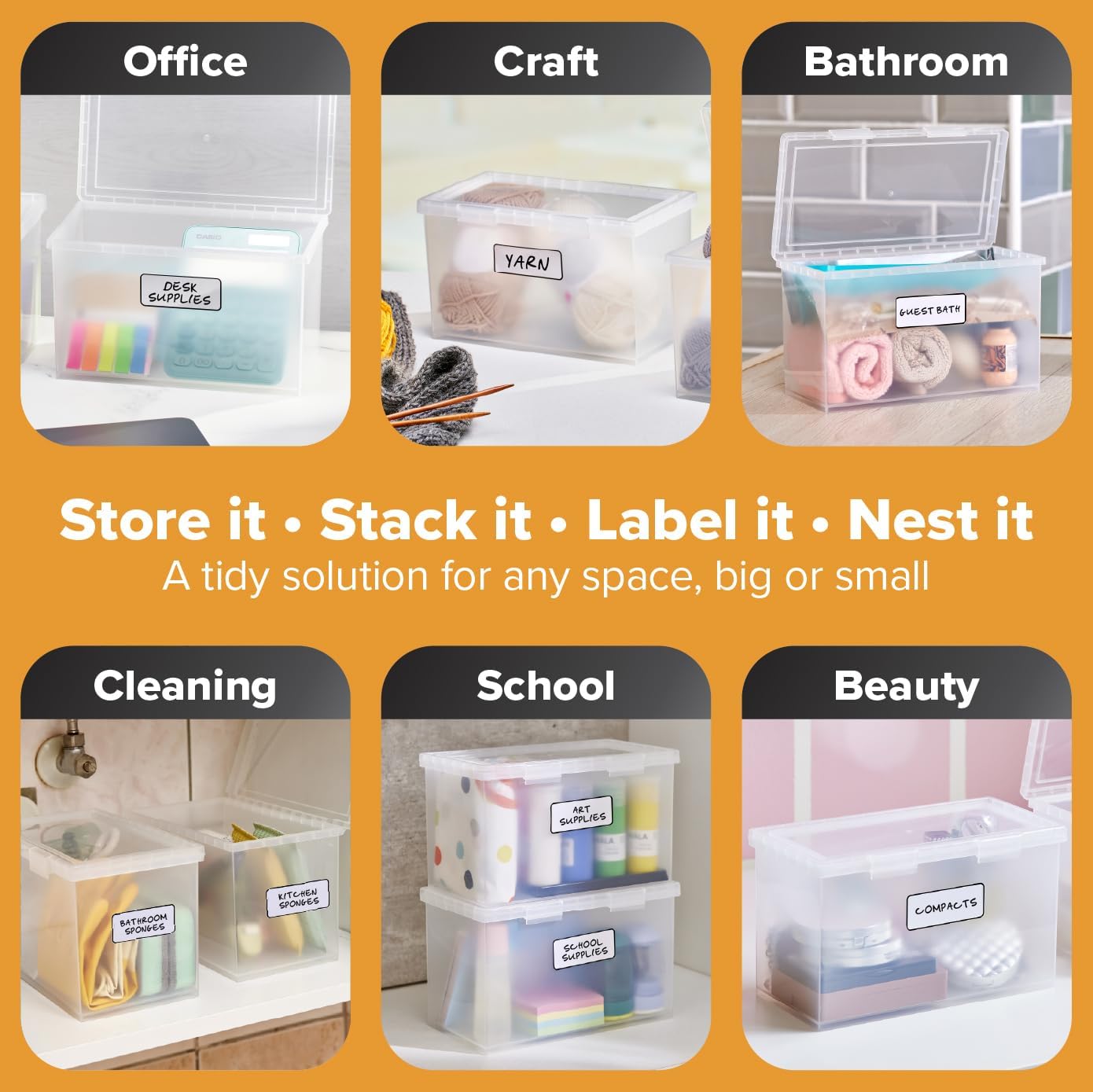 Konnect Storage Containers with Lids, Office Organizer, Clear Plastic Box, Desk and Home Organizer, Labels, 4 Qt, 2 Pack