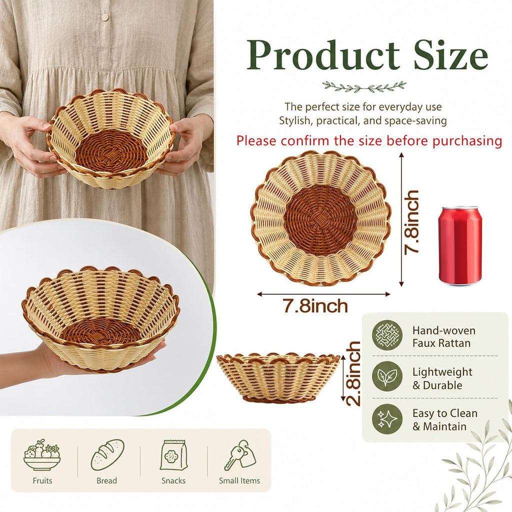 6 Pack Wicker Bread Baskets, 8 Inch Round Serving Baskets for Fast Food, Fruit, Breakfast, Restaurant, Bakery