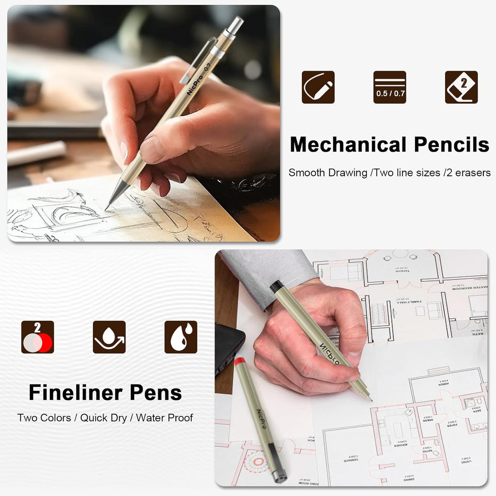 20PCS Professional Geometry Set Drafting Tool Protractor Compass | With Case, Metal Rulers, Triangles, Pens, Pencils