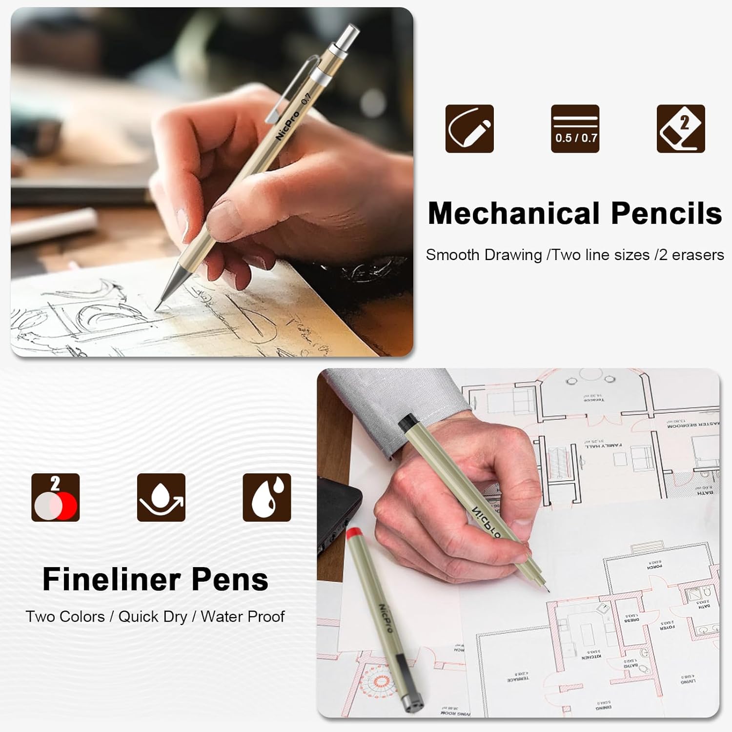 20PCS Professional Geometry Set Drafting Tool Protractor Compass | With Case, Metal Rulers, Triangles, Pens, Pencils