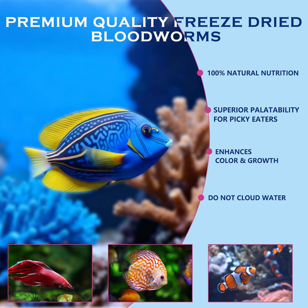 Freeze Dried Blood Worms Fish Food - High Protein Natural Aquatic Food for Tropical & Saltwater Fish, Betta
