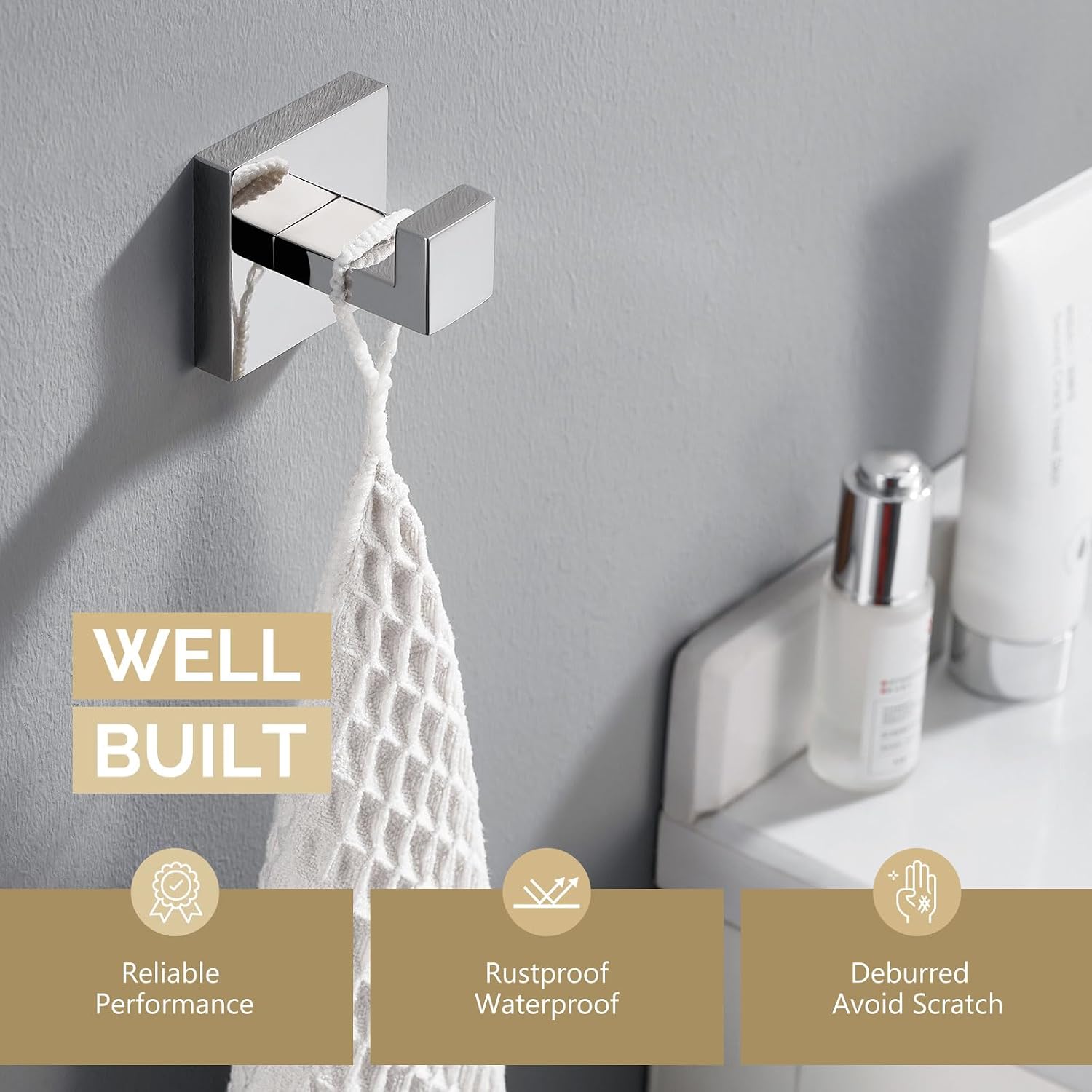 Bathroom Towel Hook, Bath Coat Robe Hanger, Polished Chrome | SUS304 Stainless Steel Robe Hook, Modern Hand Towel