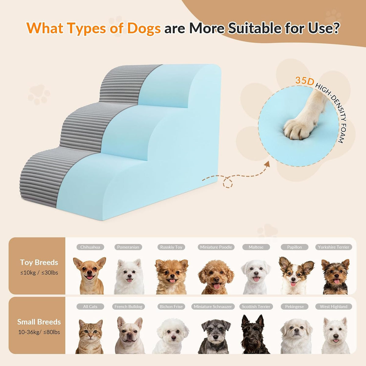 Dog Stairs for Couch and Chair,15.7" H 3-Step Pet Steps for Small Dogs and Cats, Non-Slip Sturdy Dog Ramp with