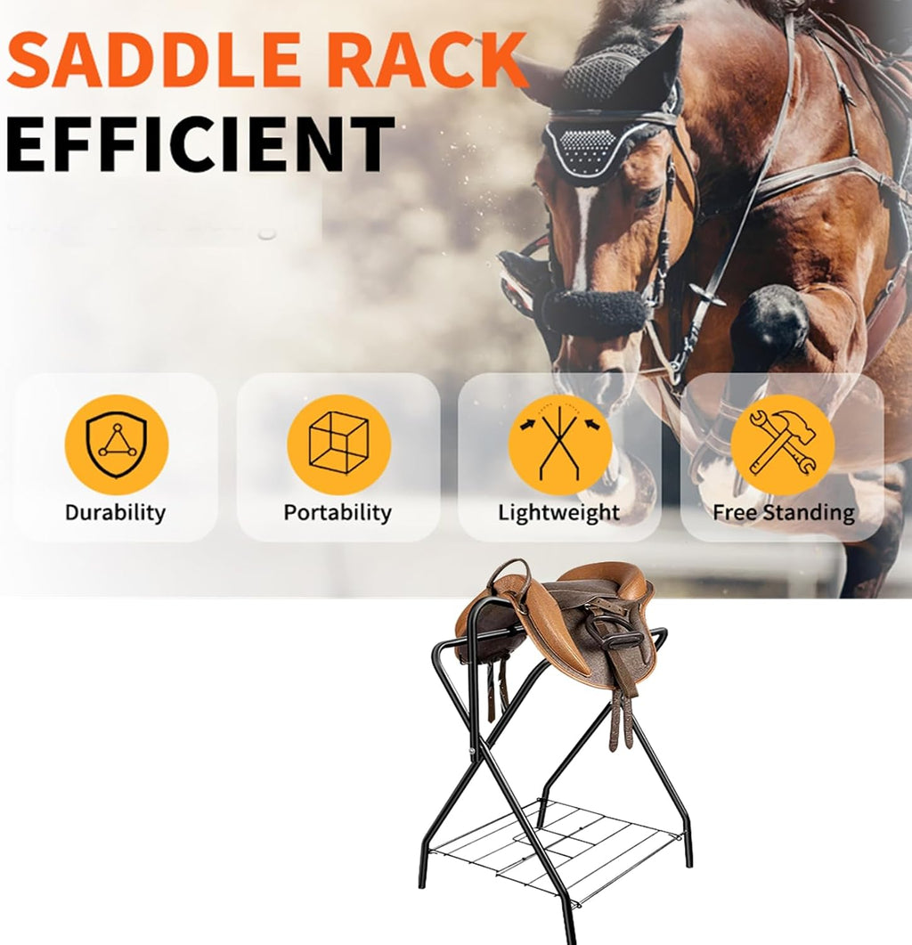 Folding Saddle Rack Heavy Duty Freestanding Horse Saddle Stand Detachable Saddle Rack Stand with Bottom Storage for