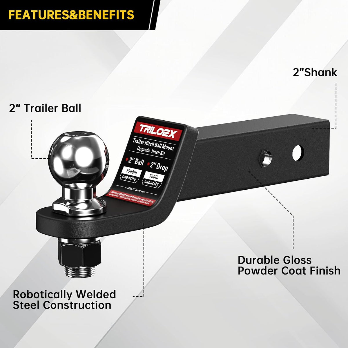 Trailer Hitch Ball Mount with 2-Inch Ball, Fits 2-in Receiver, 7,500 lbs, 2" Drop, Includes 5/8” Screw-in Hitch Pin