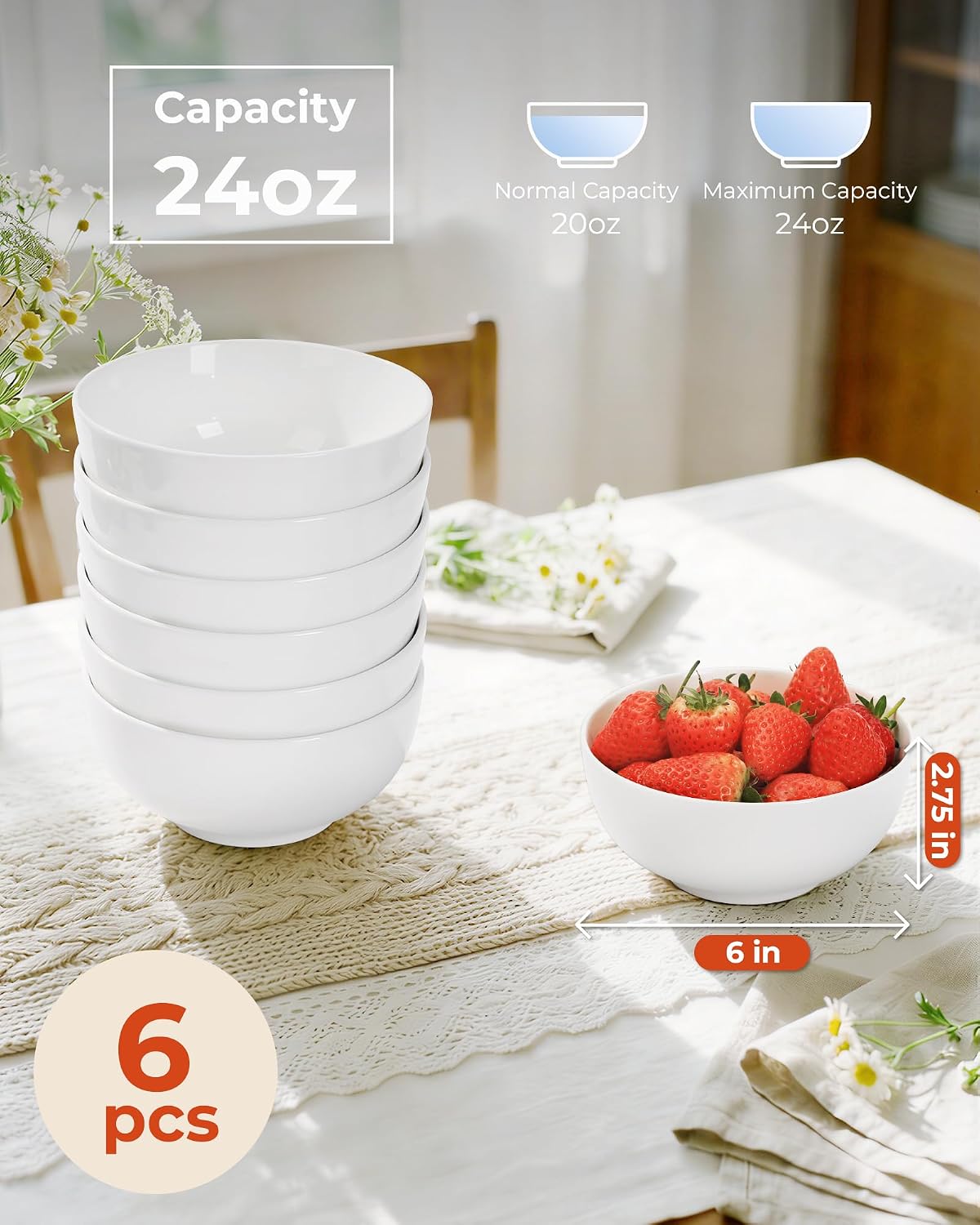 Cereal Bowls Set of 6, 24 OZ Soup Bowl, Durable Ceramic Bowls