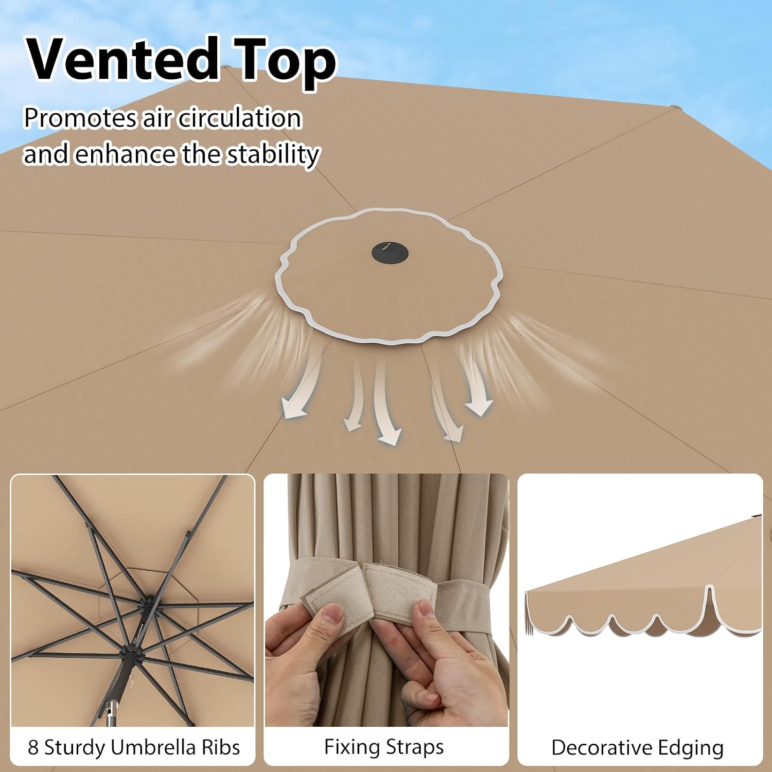 10 FT Patio Umbrella, Market Table Umbrella w/Crank, Push Button Tilt, Ruffled Edges, Vented Top & 8 Ribs, Outdoor
