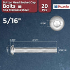 Kozelo 20pcs Button Head Socket Cap Screw-5/16-18x2-1/4 304Stainless Steel