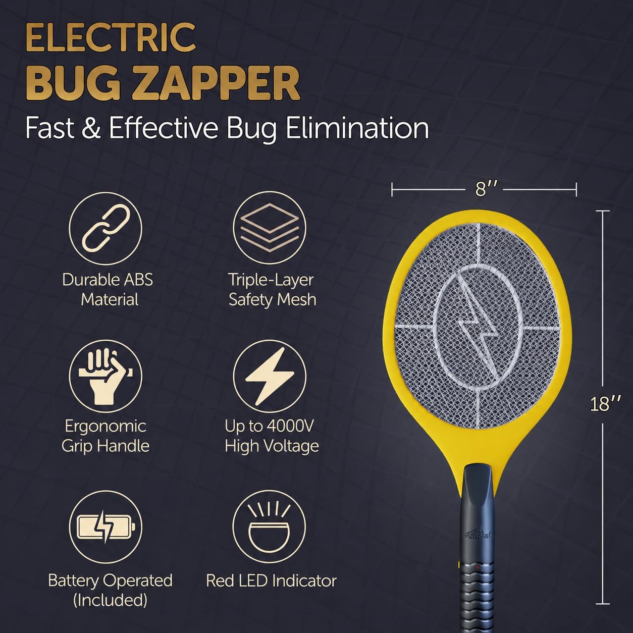 Bug Zapper Racket, Electric Fly Swatter for Mosquitoes, Flies, and Flying Insects, 18 Inch Handheld Battery Powered