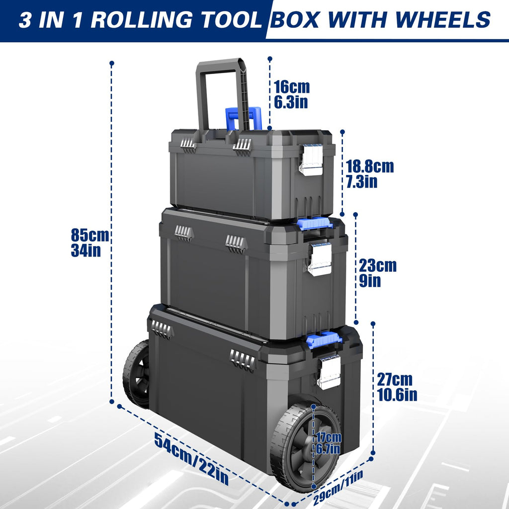 3 In 1 Rolling Tool Box with Wheels, Stackable Tool Box,17 +19 +21 In