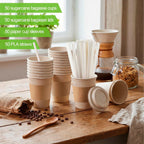 50 Sets Compostable Coffee Cups, Lids Sleeves Straws,12oz,Natural