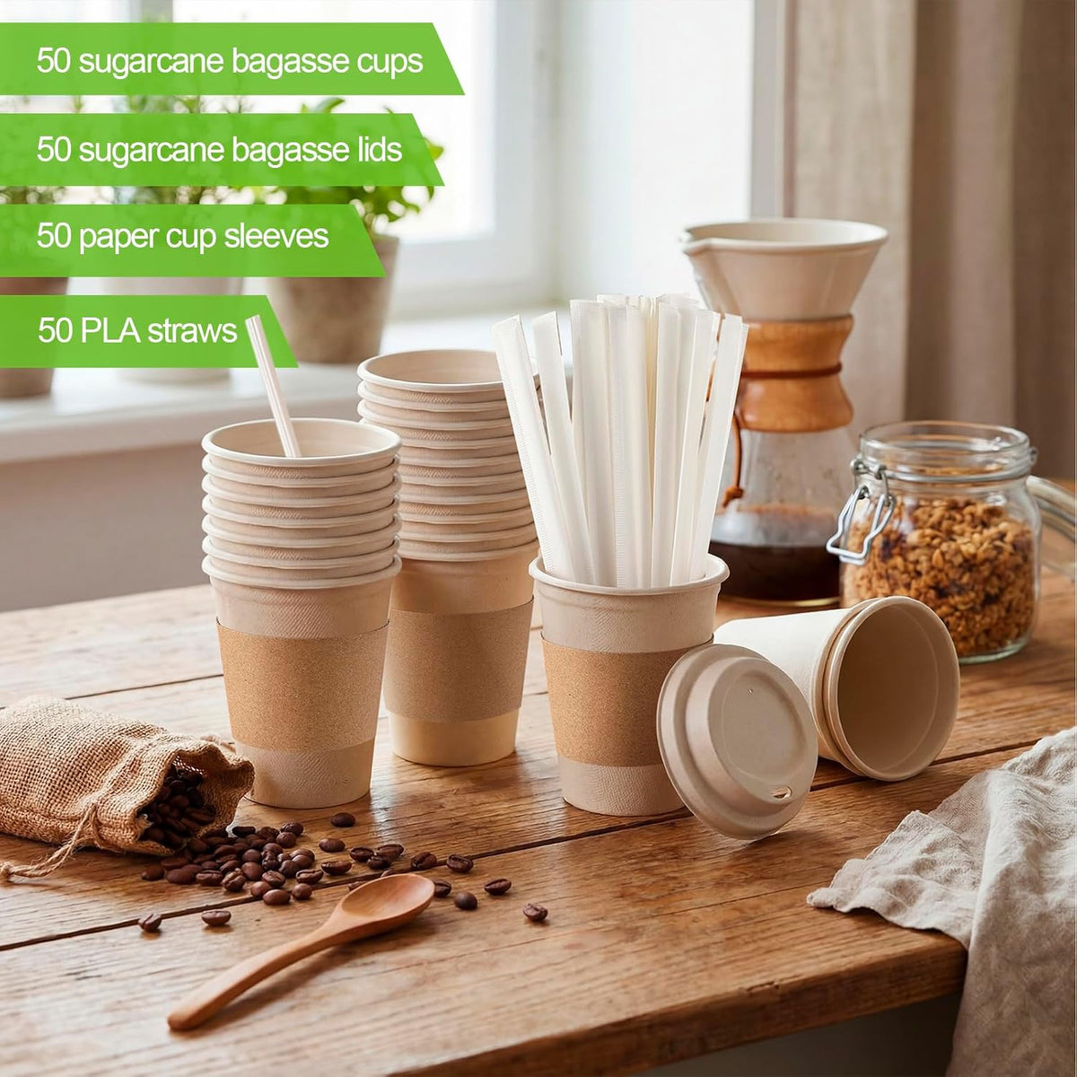 50 Sets Compostable Coffee Cups, Lids Sleeves Straws,12oz,Natural