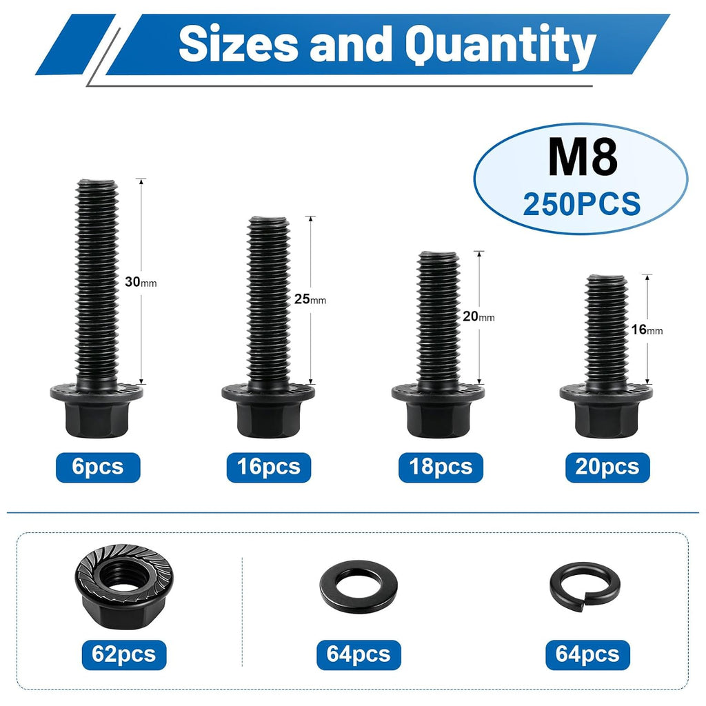 250PCS M8 Flange Hex Screws Nuts Assortment Kit, M8-1.25x16/20/25/30mm