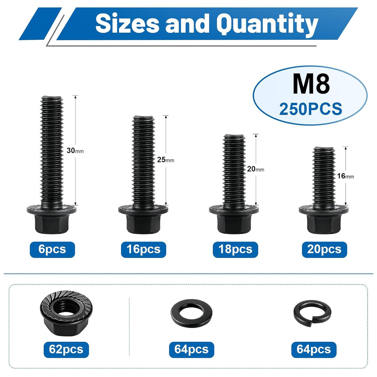 250PCS M8 Flange Hex Screws Nuts Assortment Kit, M8-1.25x16/20/25/30mm