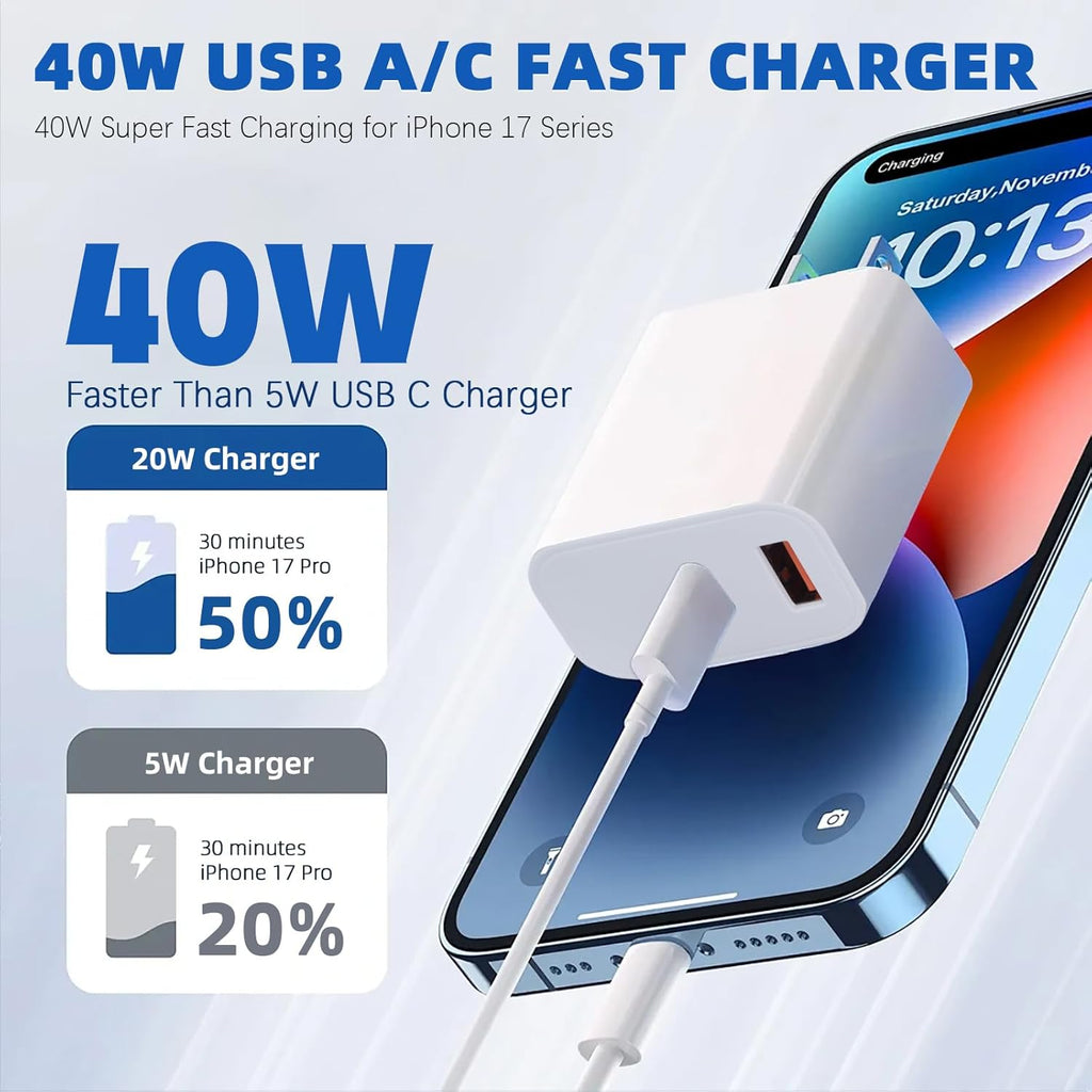 iPhone 17 16 15 Charger Fast Charging,40W Dual Port A/C Phone Charger Fast Charging USB C Wall Charger Block Quick