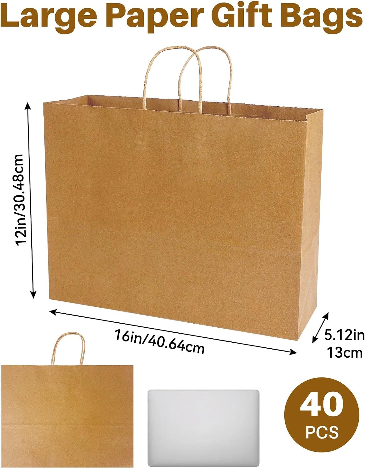 40 Pack Large Brown Paper Bags with Handles, Kraft Gift Bags