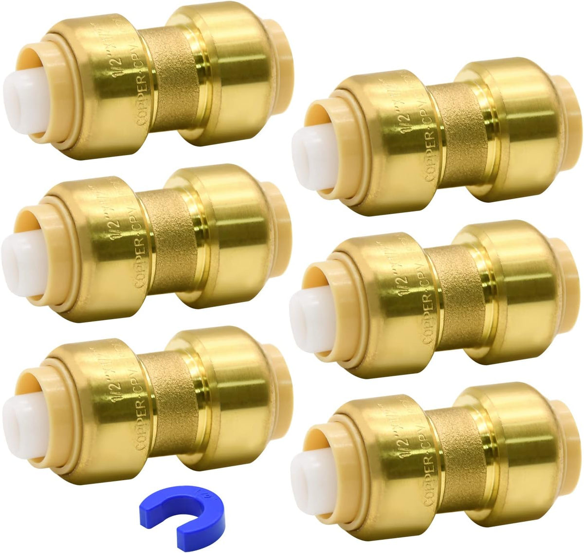 6 Pack Push-to-Connect Plumbing Fittings, 1/2" Pushfit Straight Fittings with Disconnect Clip for Copper, PEX, CPVC Pipe