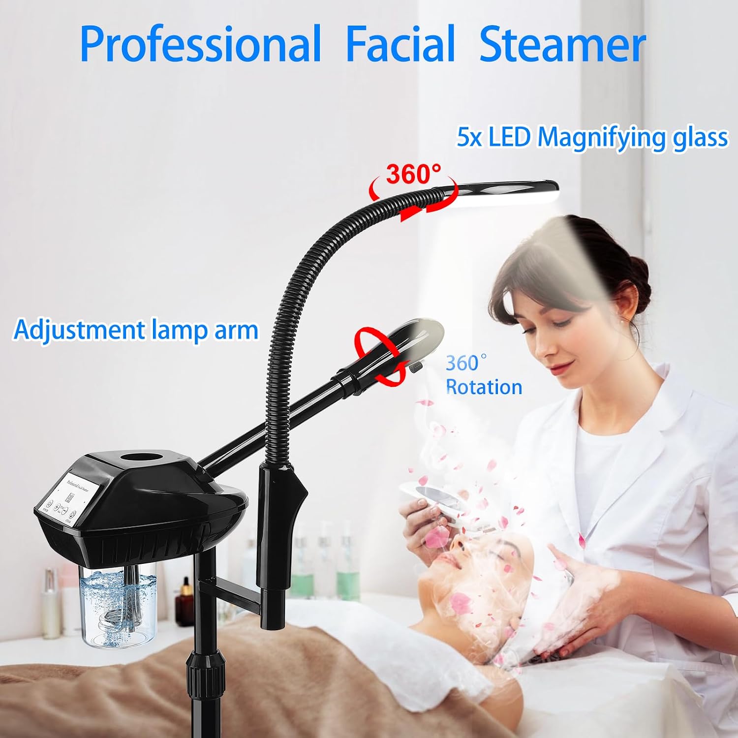 Professional Facial Steamer with 5X Magnifying Lamp, More Steam | Deep Cleansing and Hydration, Ozone Face Steamer on