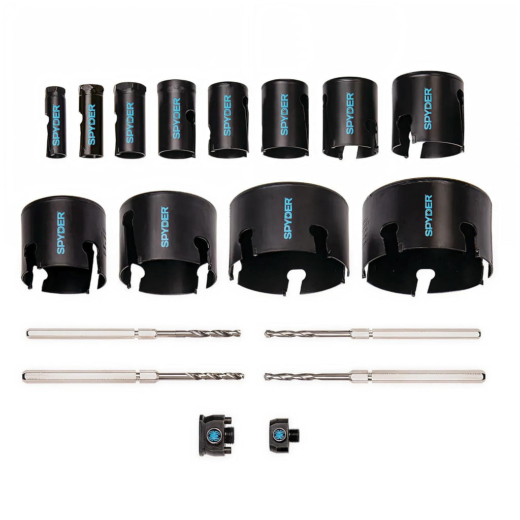 Spyder 18-Piece Tungsten Carbide Tipped Hole Saw Kit, 12 Hole Saws, 2 Arbors, 4 Pilot Bits, Rapid Core Eject