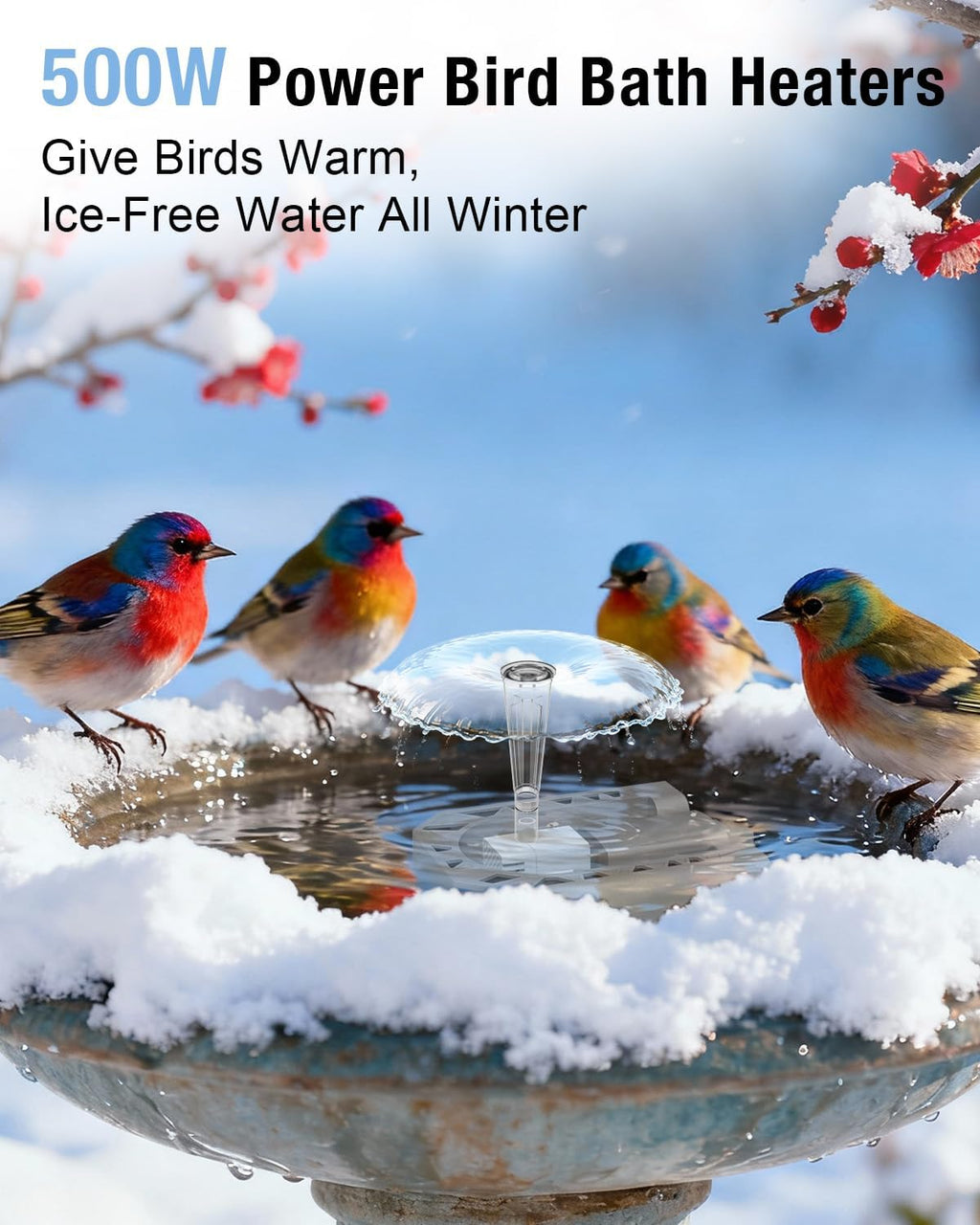 500W Bird Bath Heater with Fountain, Outdoor Cast Aluminum Submersible De-Icer with Thermostat, Birds Bath Water