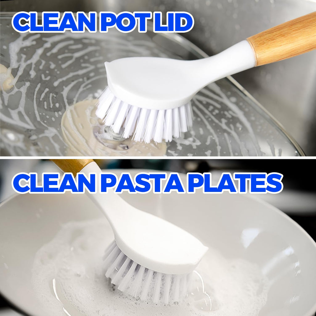 3 Pack Dish Brush with Bamboo Handle Cleaning Brush,White