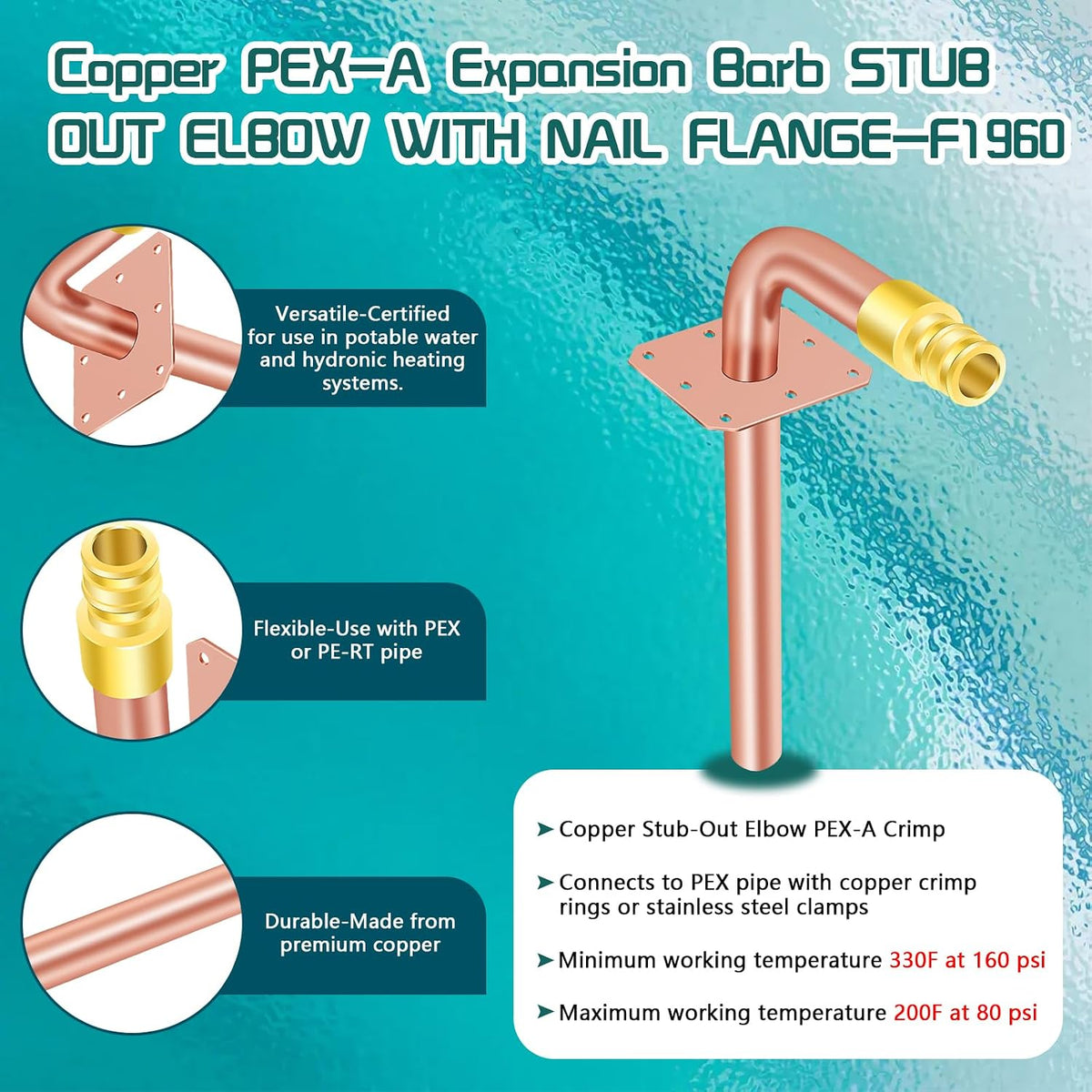 1/2" PEX-A Expansion Copper Stub Out, F1960, 6" Flanged, 5-Pack