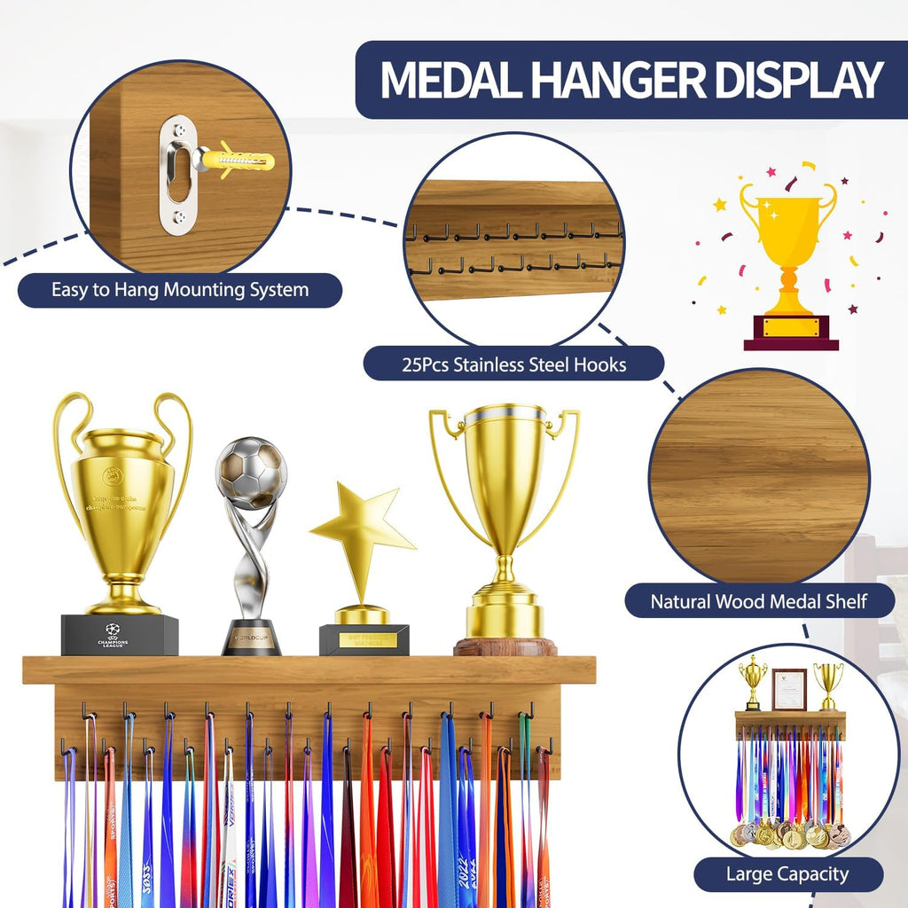 Medal Holder Display Trophy Shelf Organizer, Sturdy Wooden Race Award Hanger Rack with 25 Steel Hooks, Wall Mount