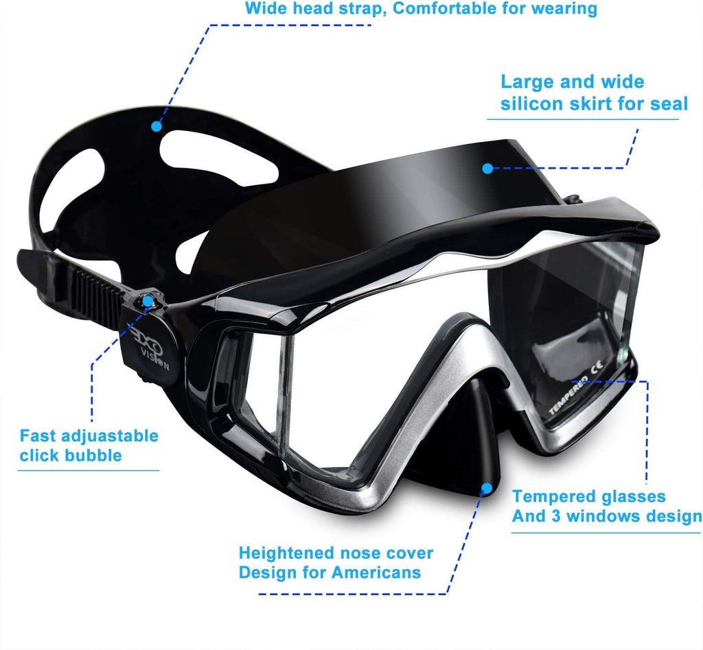 Adult Pano 3 Scuba Diving Mask, Tempered Glass Snorkel Mask Anti-Fog Swim Mask No Leakage Swim Goggles with Nose