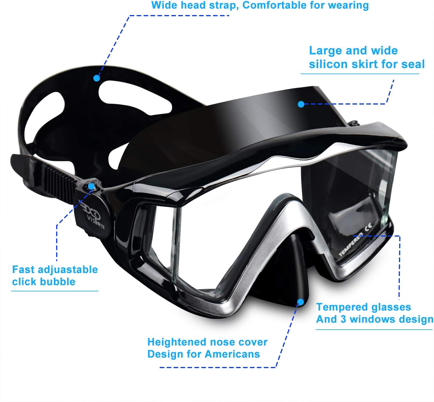 Adult Pano 3 Scuba Diving Mask, Tempered Glass Snorkel Mask Anti-Fog Swim Mask No Leakage Swim Goggles with Nose