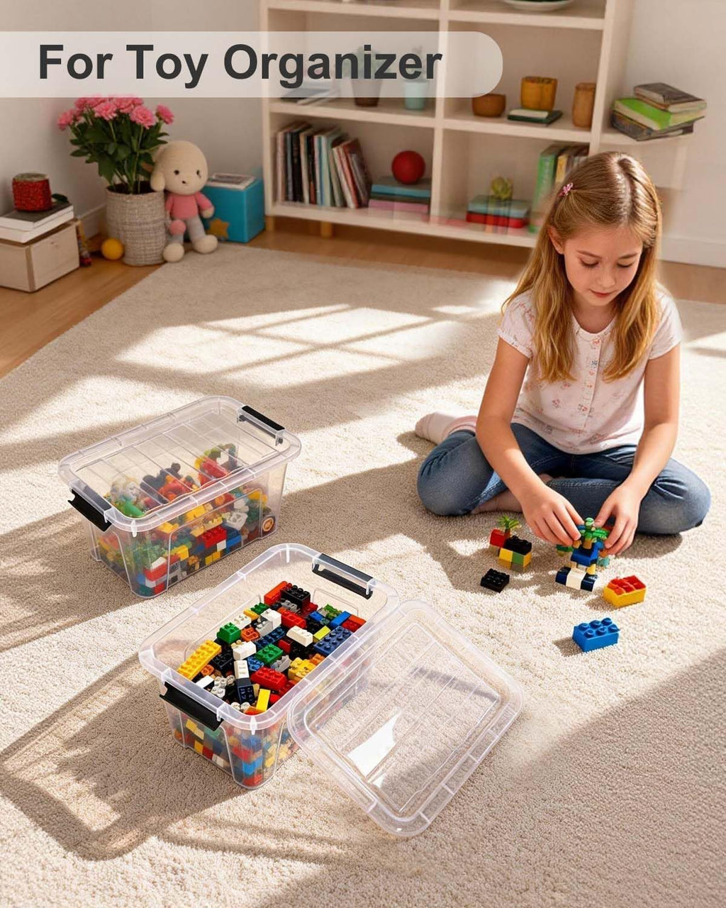 Plastic Storage Bins with Lids 6 Pack, 7 Quart Storage Containers With Black Buckle Latch, Stackable Storage