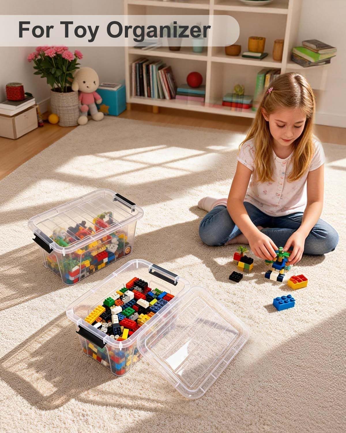 Plastic Storage Bins with Lids 6 Pack, 7 Quart Storage Containers With Black Buckle Latch, Stackable Storage