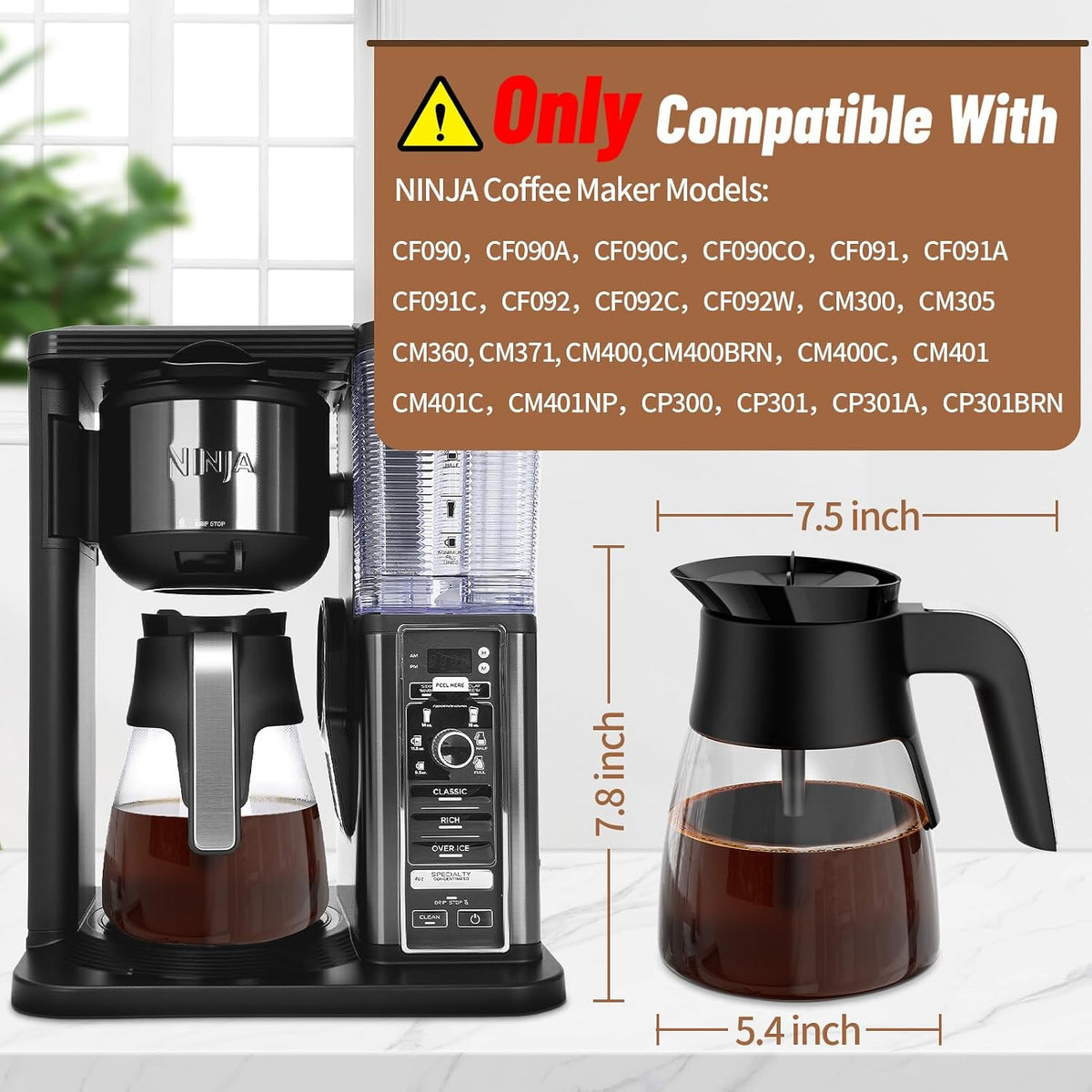 10 Cup Coffee Pot Replacement for Ninja Coffee Maker CM401 CM371 CP301 CM300 CM400 CF091, Glass Carafe Replacement