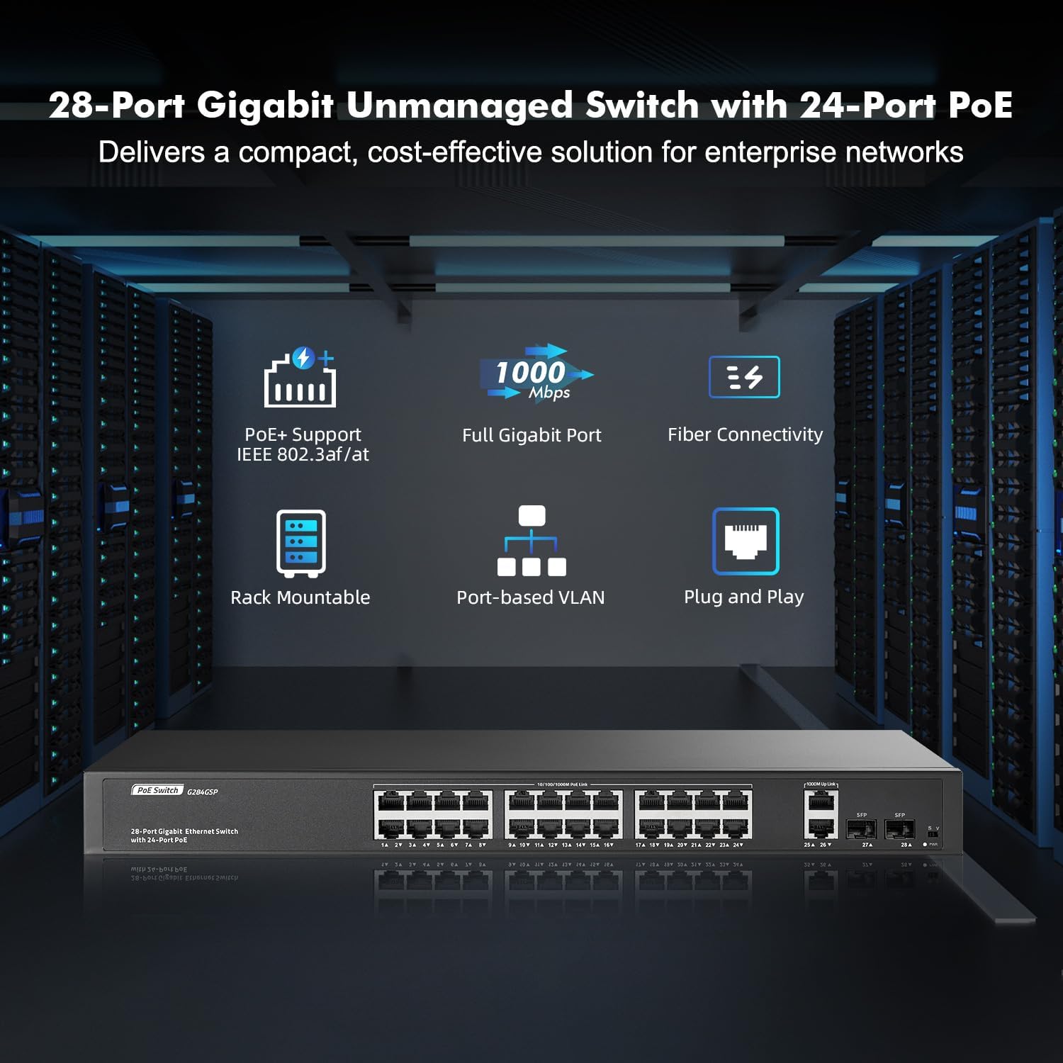 24 Port Full Gigabit PoE Switch with 2 GE Uplink, 2 Gigabit SFP, IEEE802.3af/at Max 400W, YuLinca Unmanaged Rackmount