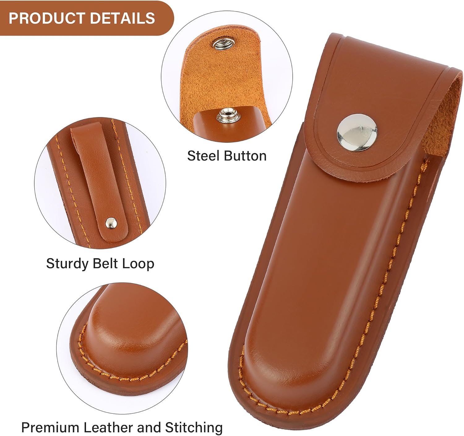 Leather Pocket Knife Sheath for 5-Inch Folding Knives | Brown durable multitool holster with snap closure and belt