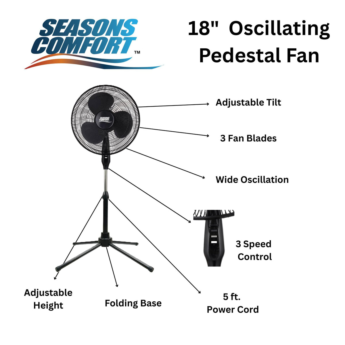 18" Pedestal Fan, Oscillating, Adjustable Height, 3 Speed