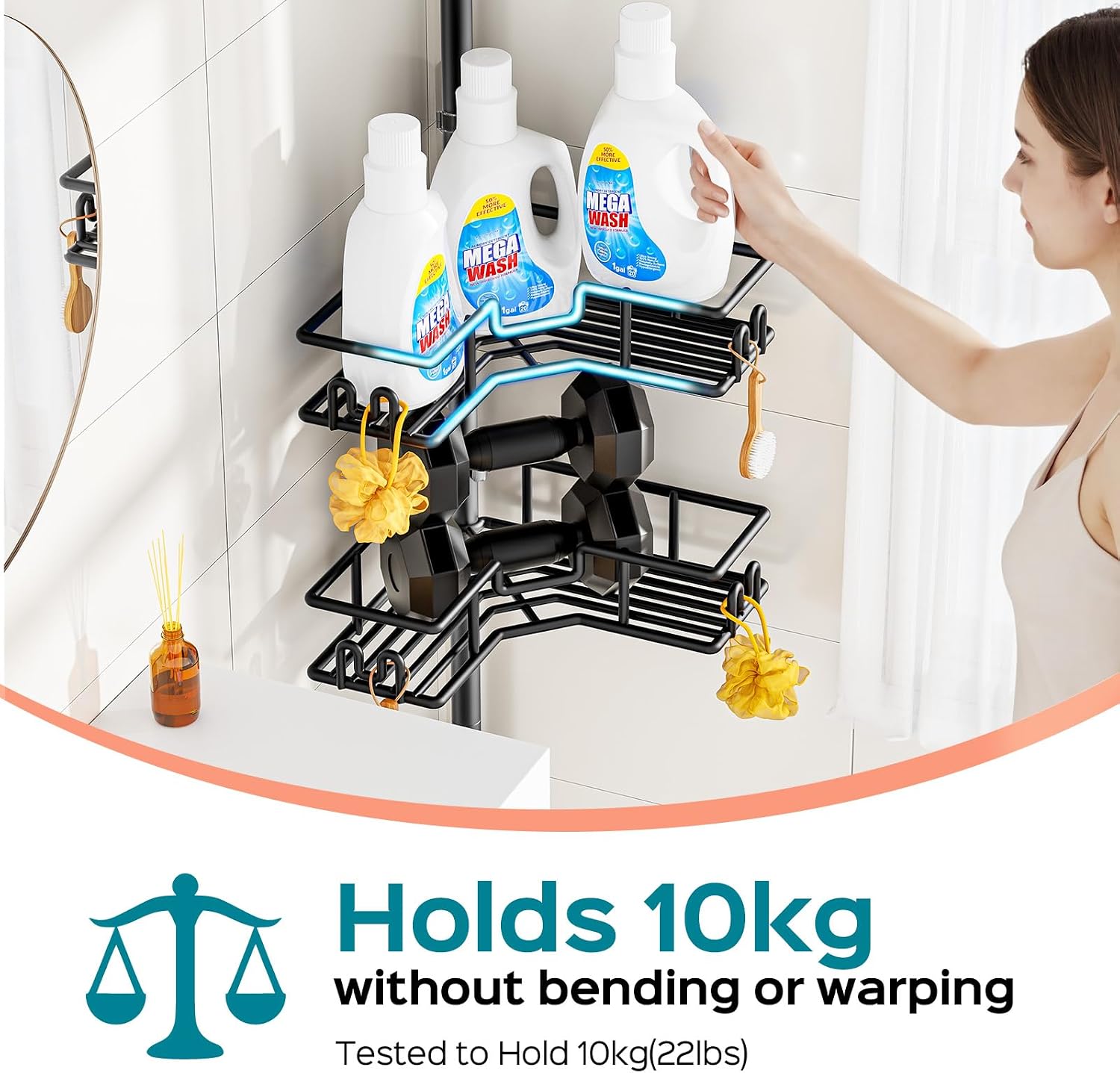 Shower Caddy Tension Pole: 4-Tier Adjustable Corner Organizer Black | Heavy Duty Rustproof L-Shaped Shelves- No